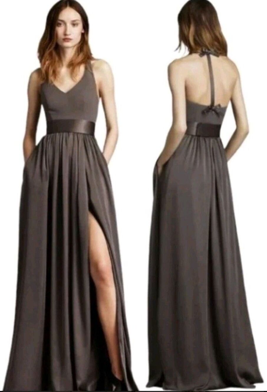 Vera Wang Gown Halter Top Sz 8 Bow Slit Formal Guest Elegant Designer Luxury